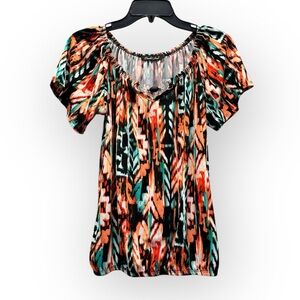 Orange Black Red Colorful Abstract Aztec Beaded Neck Blouse Top Women’s Small